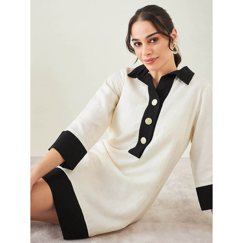 First Resort by Ramola Bachchan Off-White and Black Linen Dress