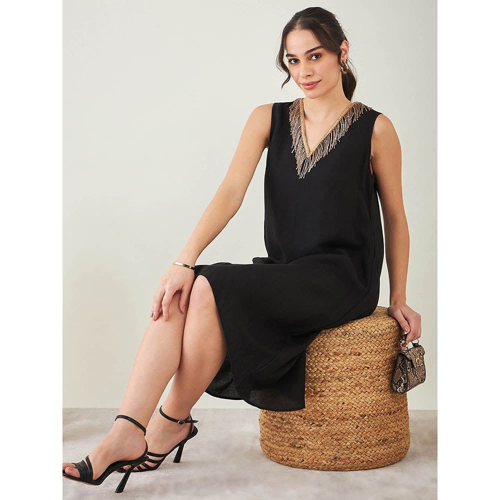 First Resort by Ramola Bachchan Black A-Line Linen Dress with Cut Dana Lace Detail