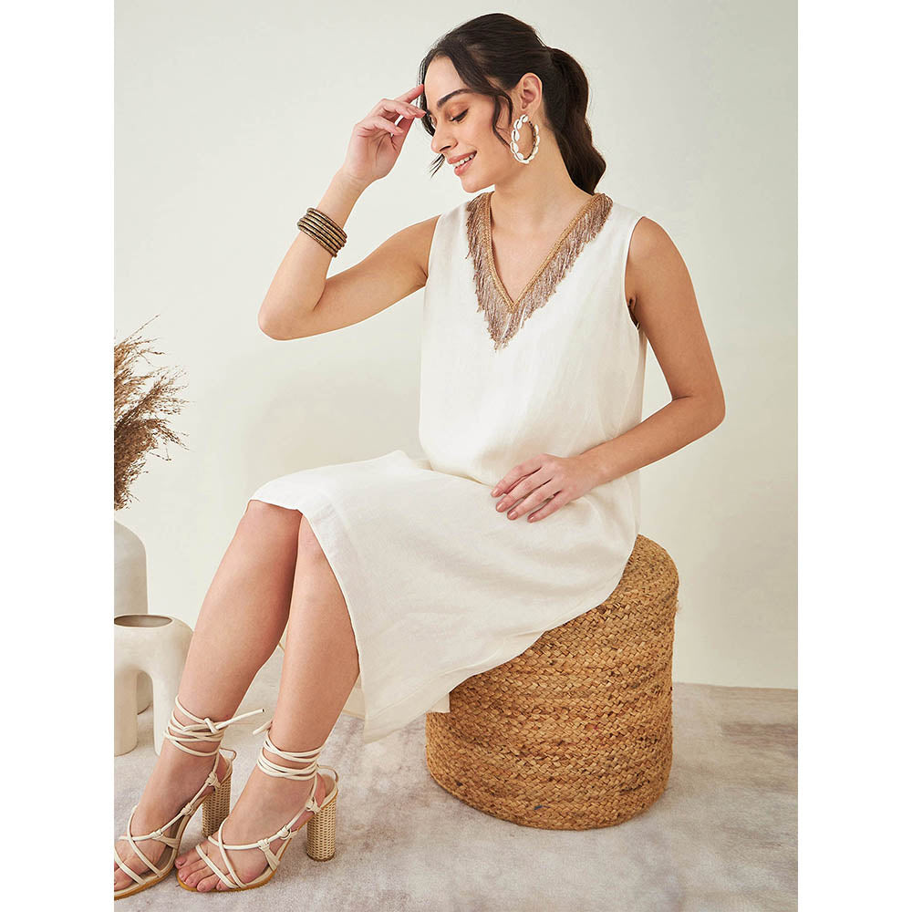 First Resort by Ramola Bachchan Off-White A-Line Linen Dress with Cut Dana Lace Detail