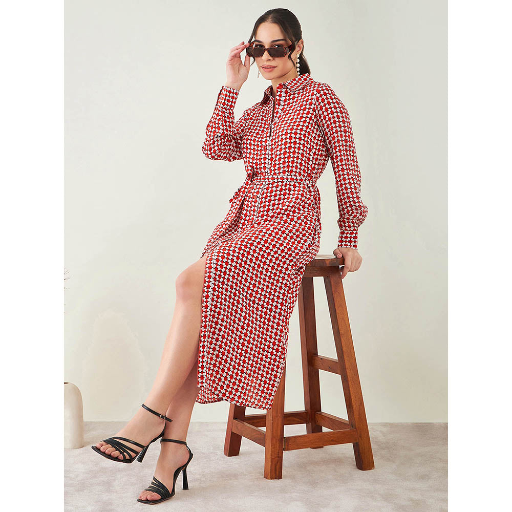 First Resort by Ramola Bachchan Red and White Geometric Print Dress with Belt (Set of 2)