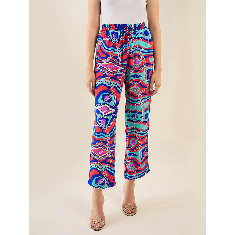 First Resort by Ramola Bachchan Blue and Red Marine Wave Print Pant