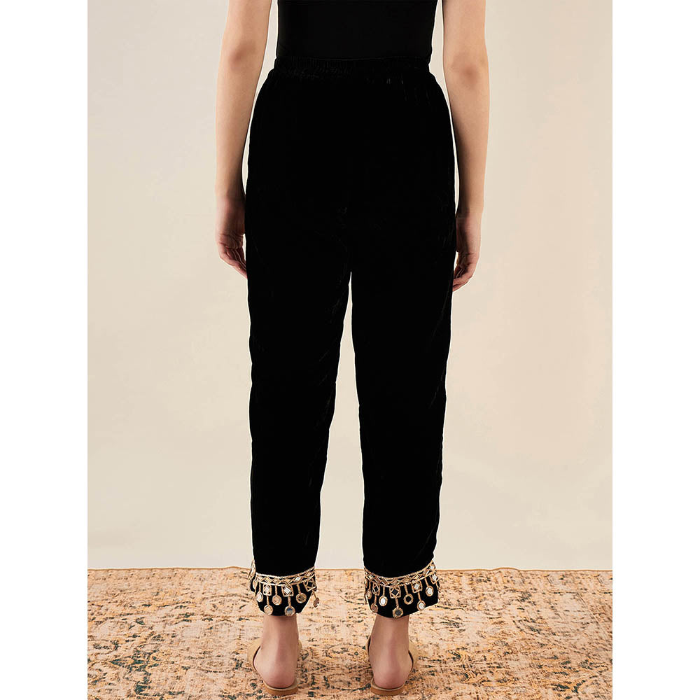 First Resort by Ramola Bachchan Black Silk Velvet Kurta & Straight Pant with Mirror (Set of 2)