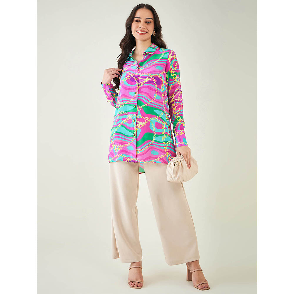First Resort by Ramola Bachchan Pink and Green Marine Wave Print Shirt