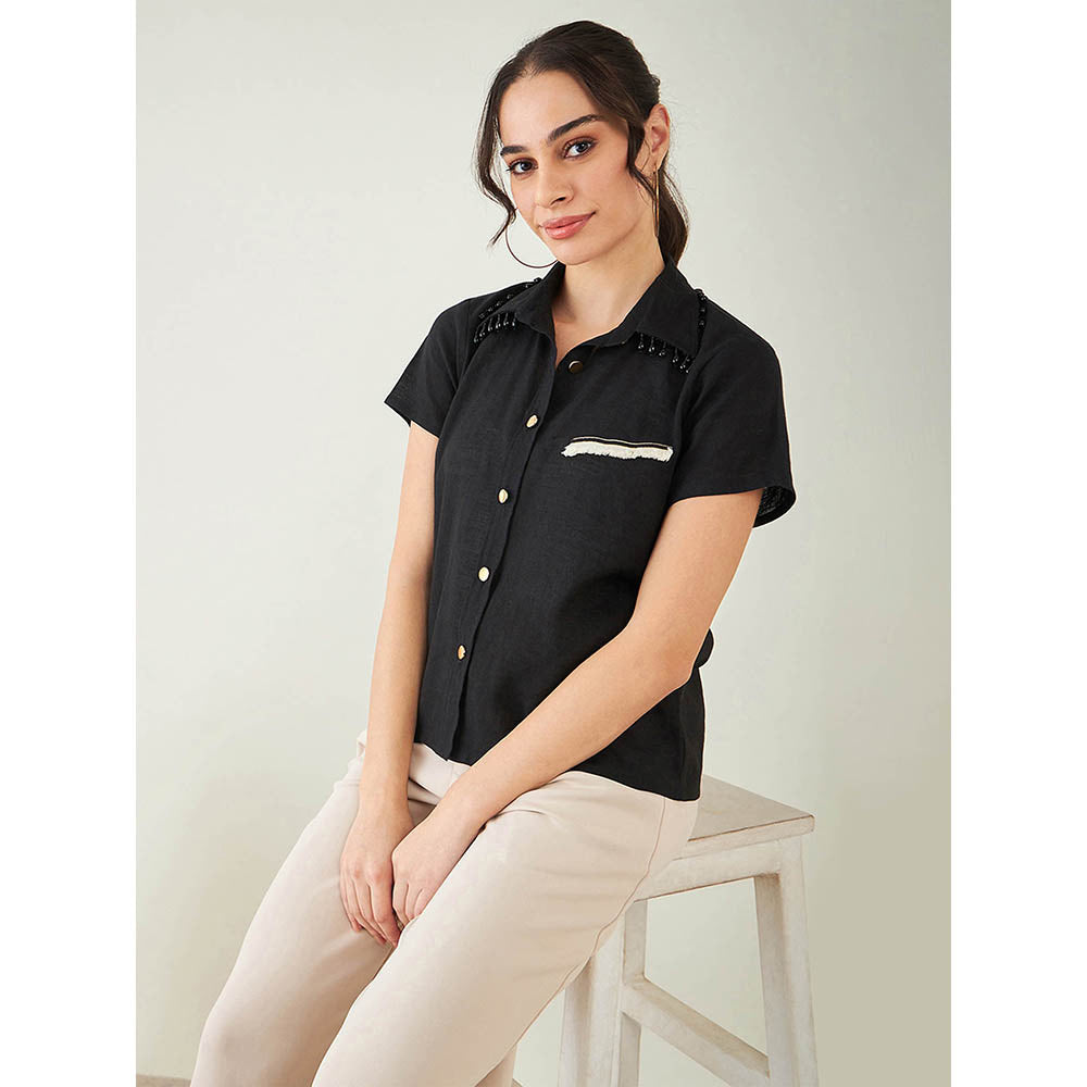 First Resort by Ramola Bachchan Black Linen Shirt with Lace Detail