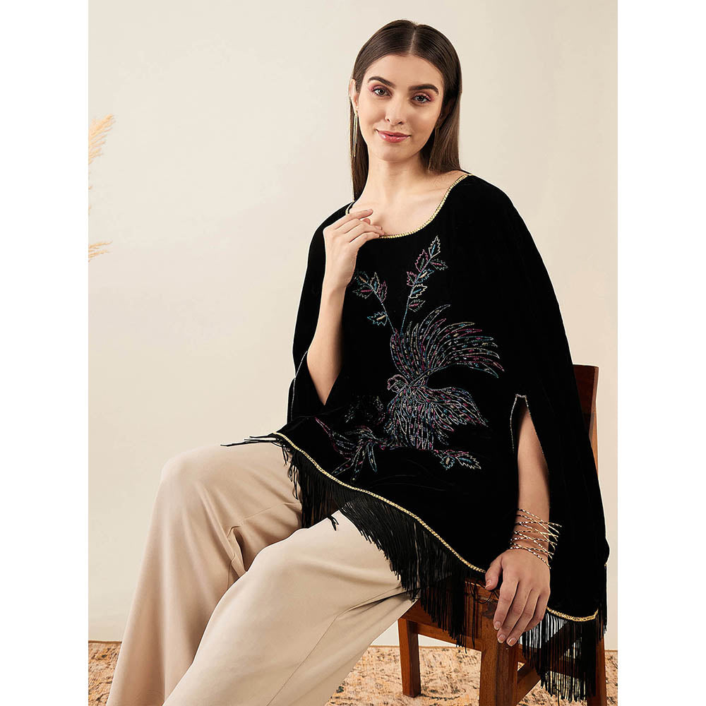 First Resort by Ramola Bachchan Black Embroidered Velvet Poncho