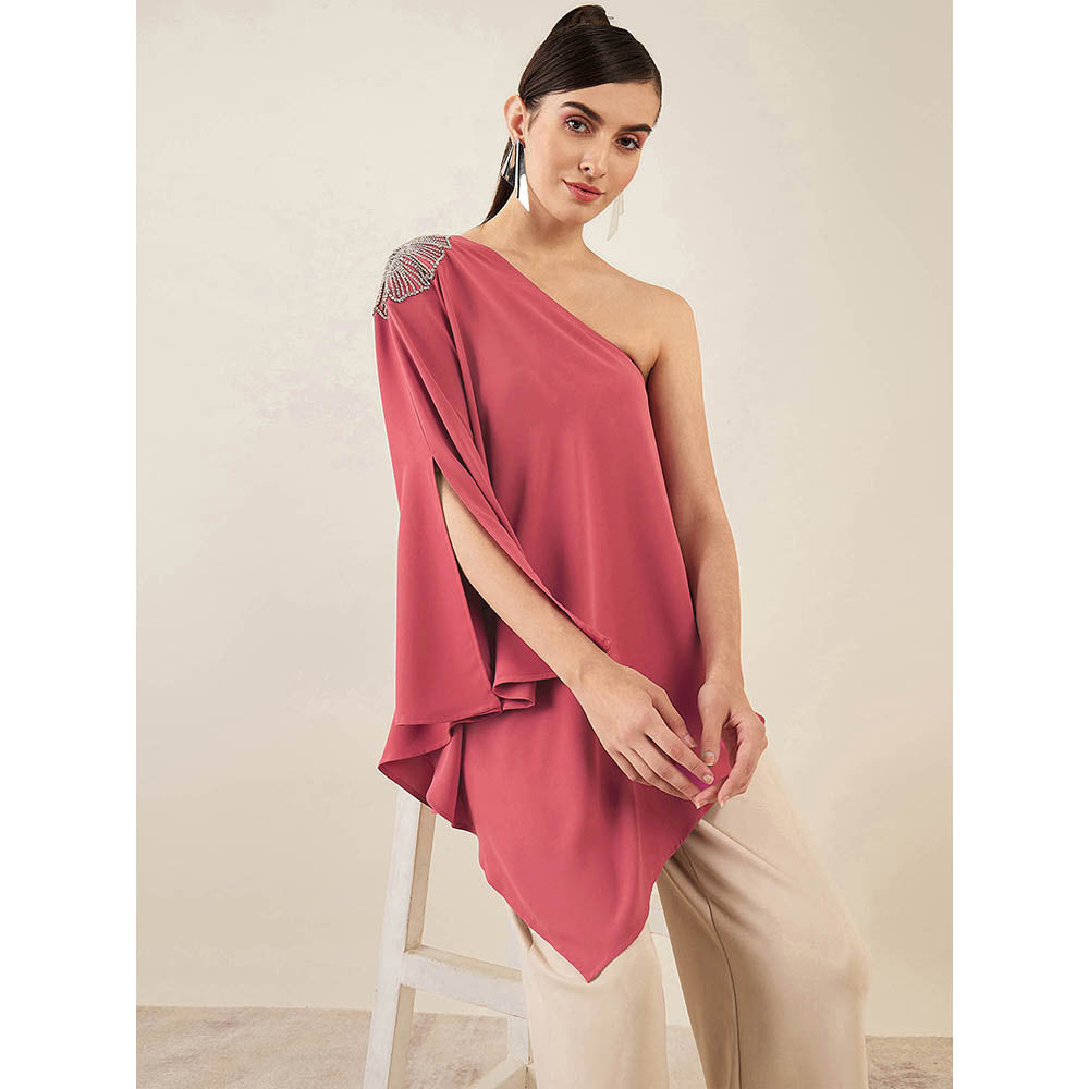 First Resort by Ramola Bachchan Rouge Red One-Shoulder Crystal Embroidered Top