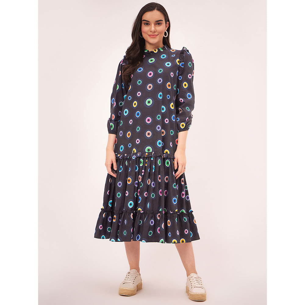 First Resort by Ramola Bachchan Black Evil Eye Frill Midi Length Dress