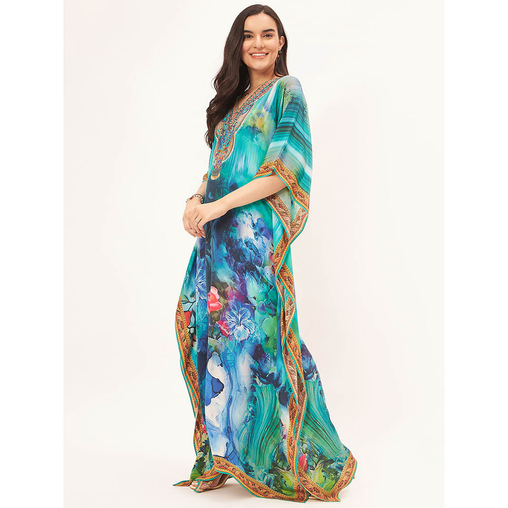 First Resort by Ramola Bachchan Blue & Green Floral Embellished Kaftan Maxi Dress