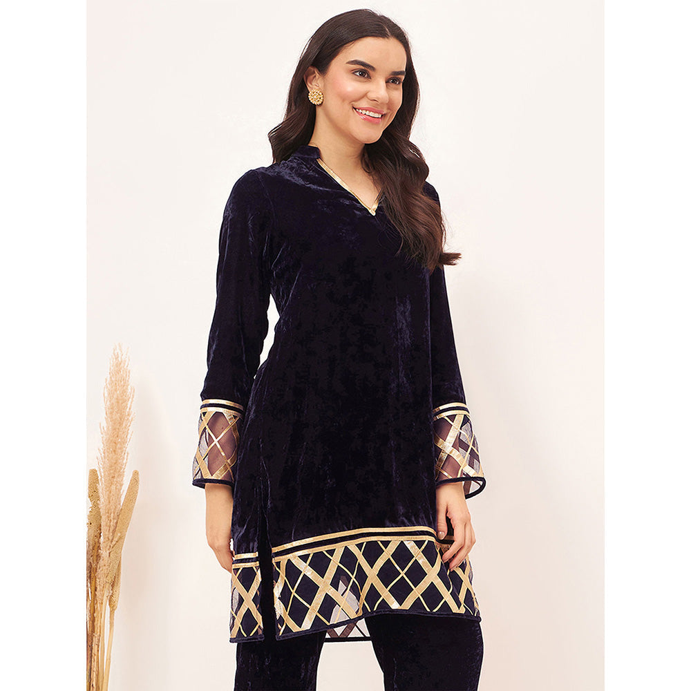 First Resort by Ramola Bachchan Blue Silk Velvet Kurta with Gota Lace Detail
