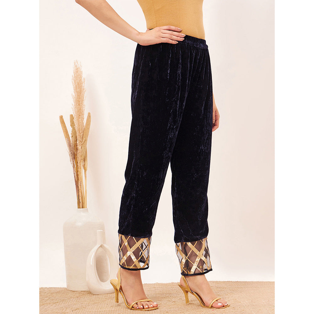 First Resort by Ramola Bachchan Blue Silk Velvet Pants with Gota Lace Detail