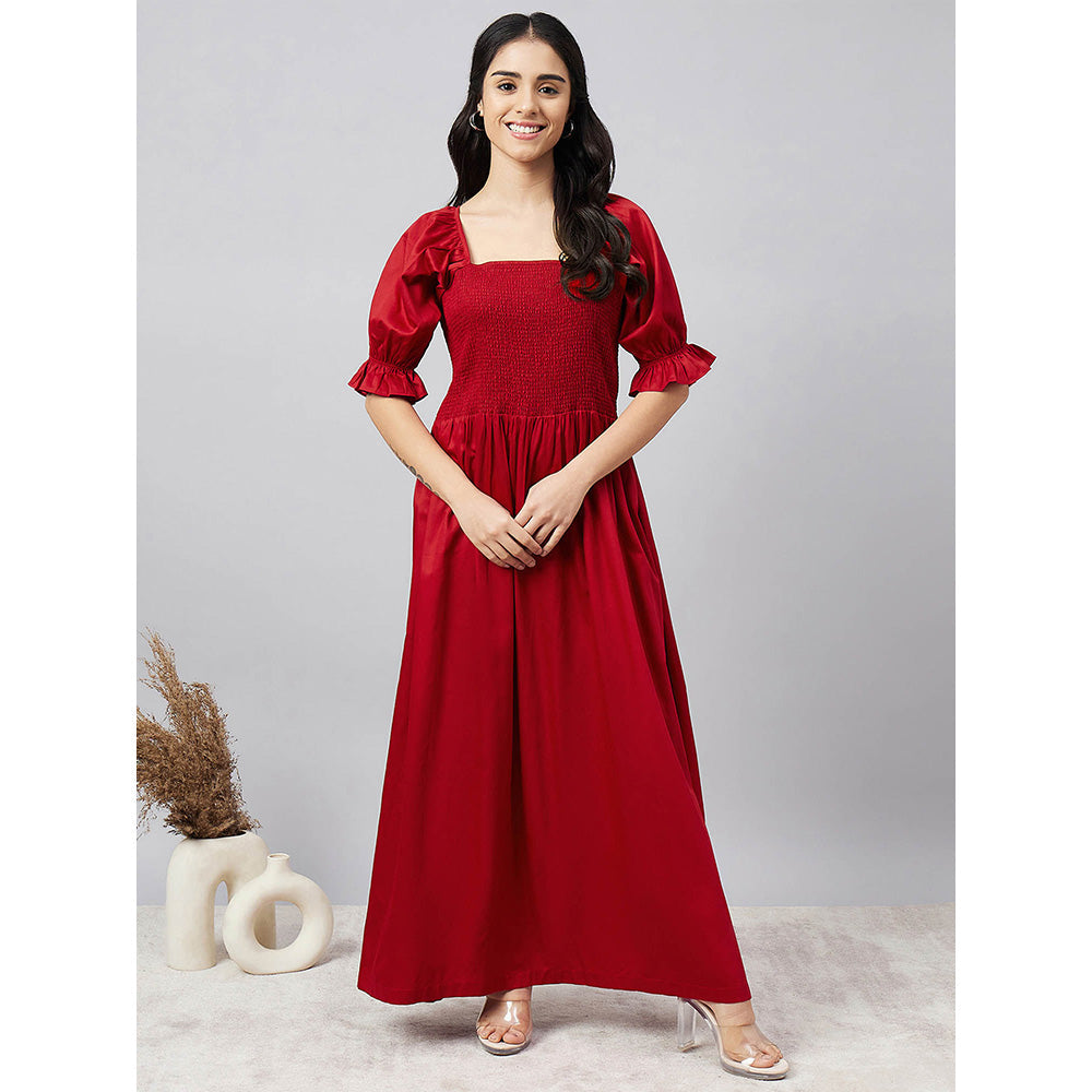 First Resort by Ramola Bachchan Red Smocked Maxi Dress