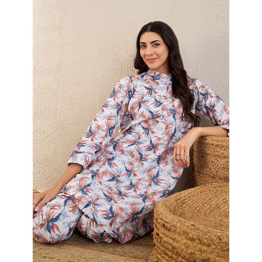 First Resort by Ramola Bachchan White & Indigo Blue Botanical Print Schiffli Co-Ord (Set of 2)