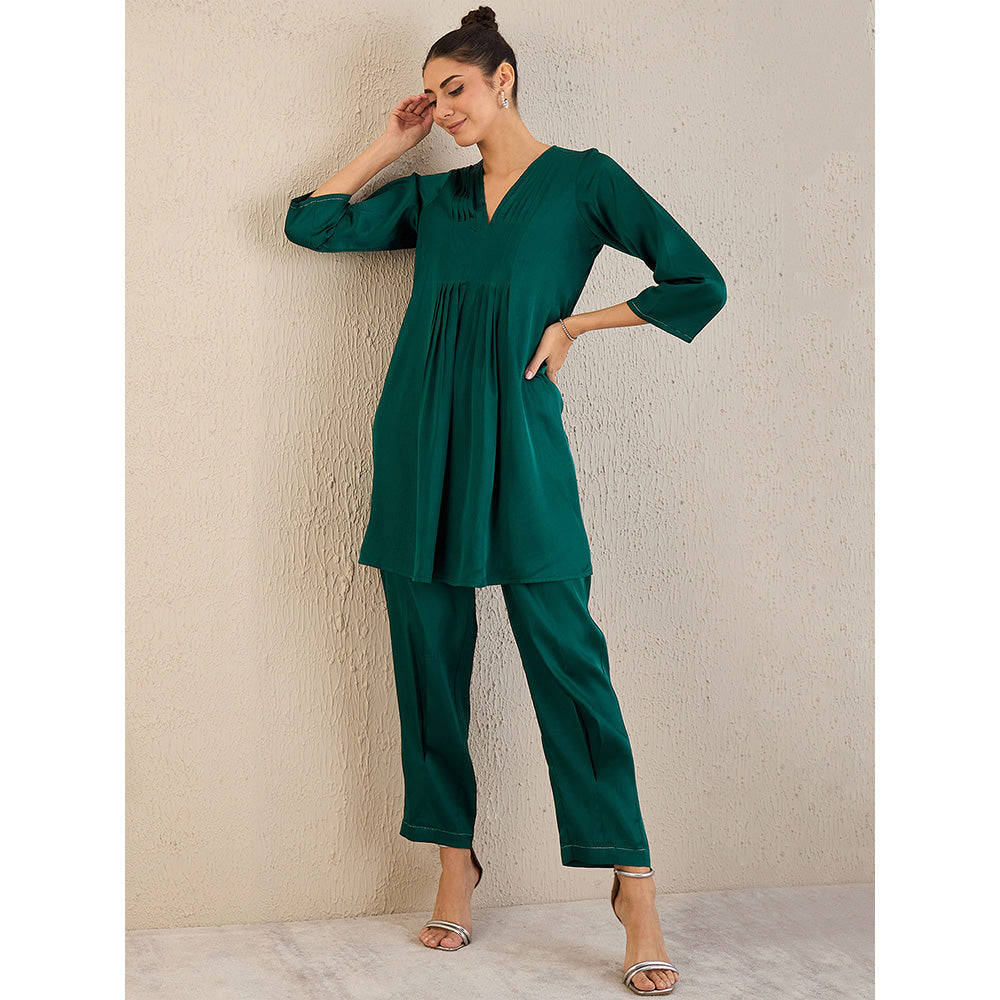 First Resort by Ramola Bachchan Teal Satin Co-Ordinate with Pleats (Set of 2)
