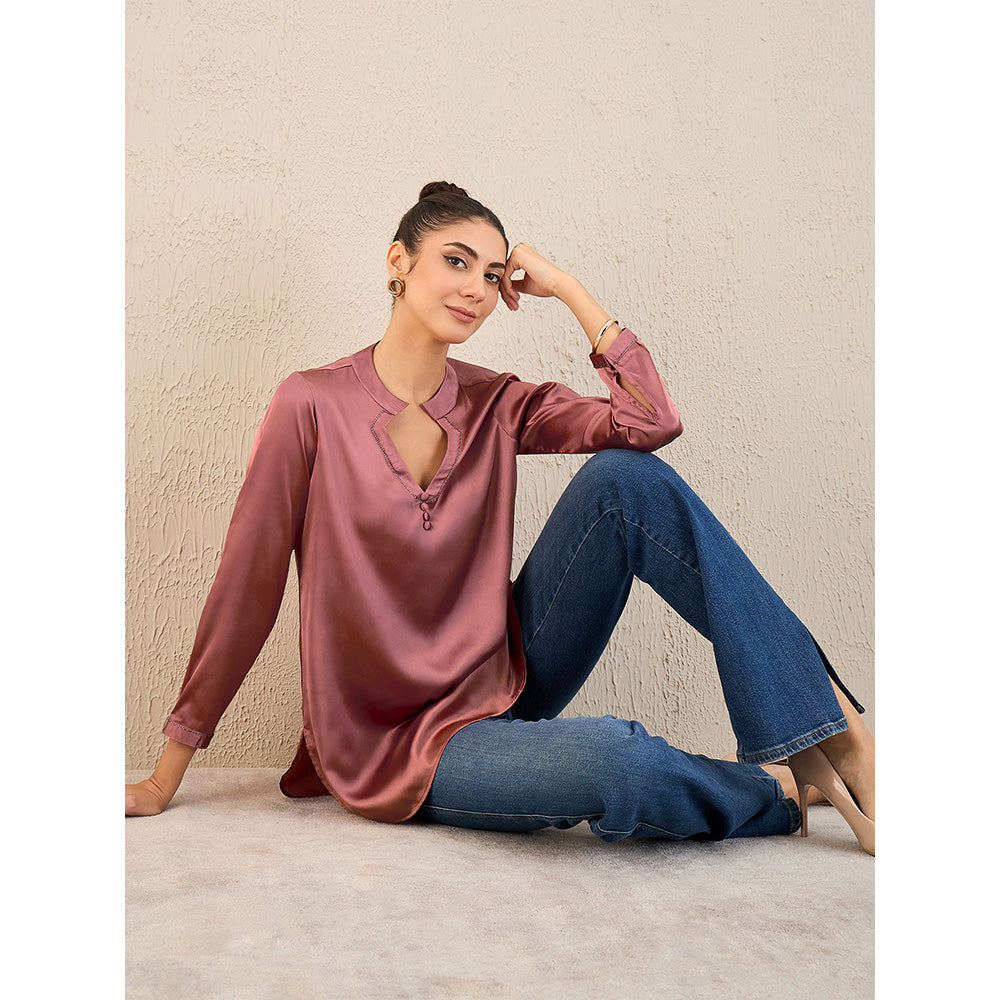First Resort by Ramola Bachchan Old Rose Embellished Satin Top