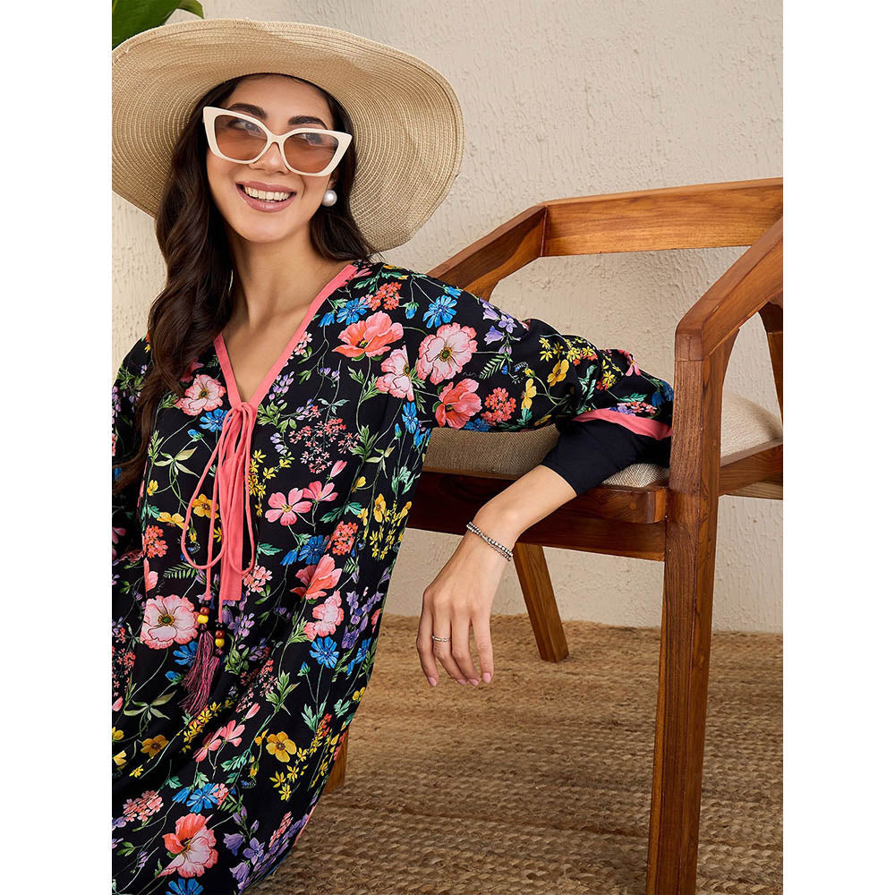 First Resort by Ramola Bachchan Black Flower Printed A-Lined Tunic Dress