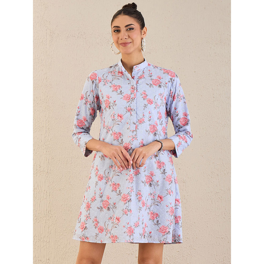 First Resort by Ramola Bachchan Ice Blue Floral Print Schiffli Dress