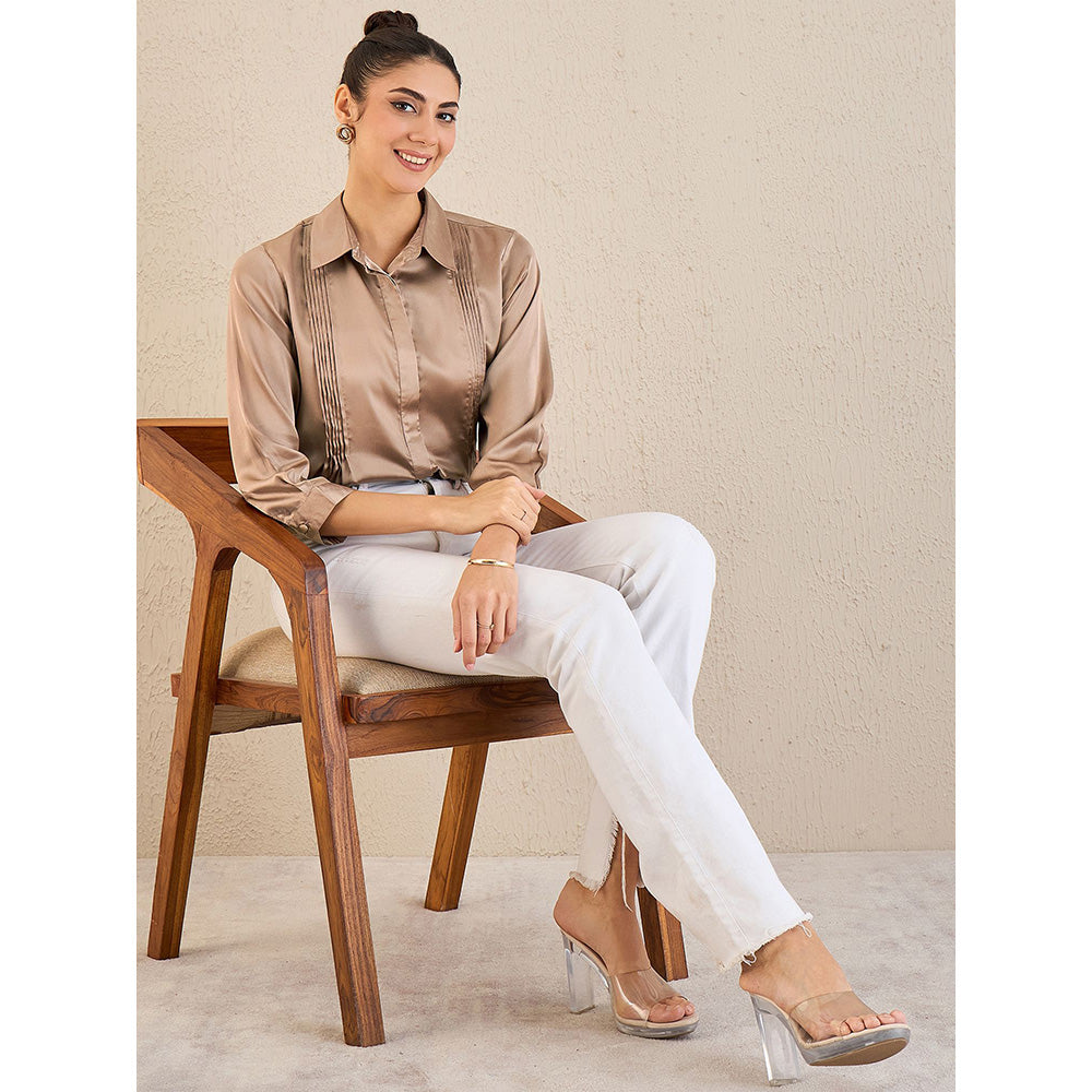 First Resort by Ramola Bachchan Hazel Brown Pintucked Satin Shirt