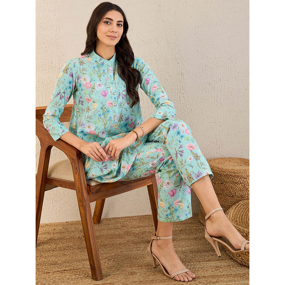 First Resort by Ramola Bachchan Aquamarine Floral Print Schiffli Co-Ord (Set of 2)
