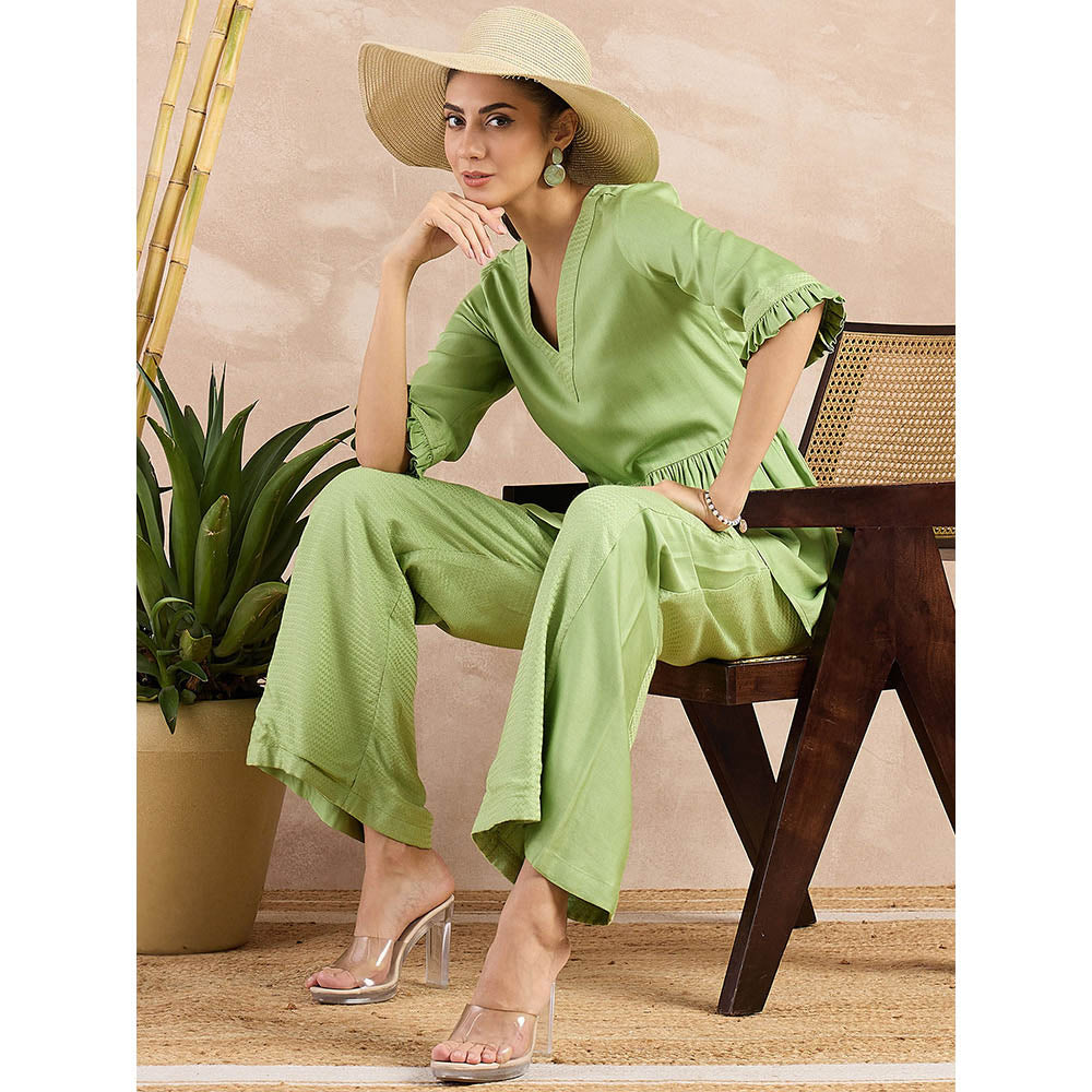 First Resort by Ramola Bachchan Pastel Green Herringbone V-Neck Peplum Top