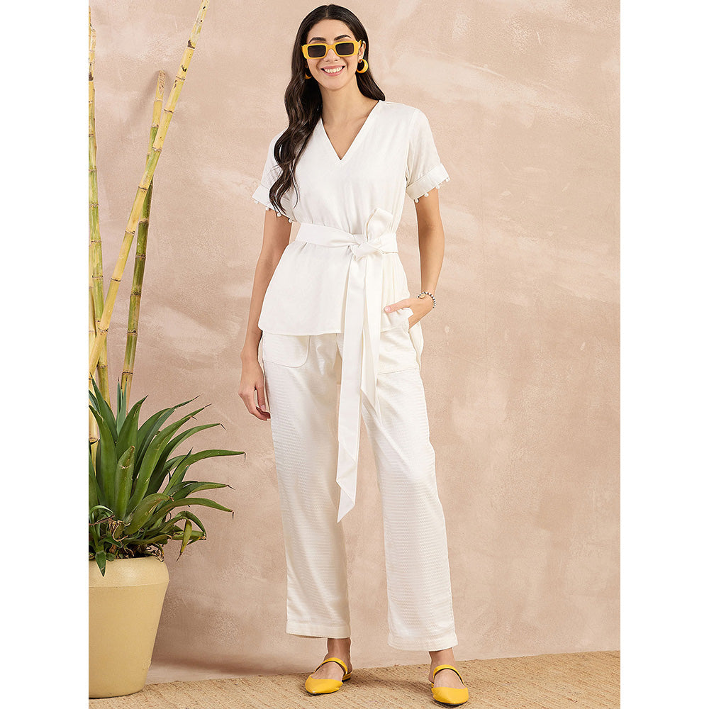 First Resort by Ramola Bachchan White Herringbone High-Low Top With Belt (Set of 2)