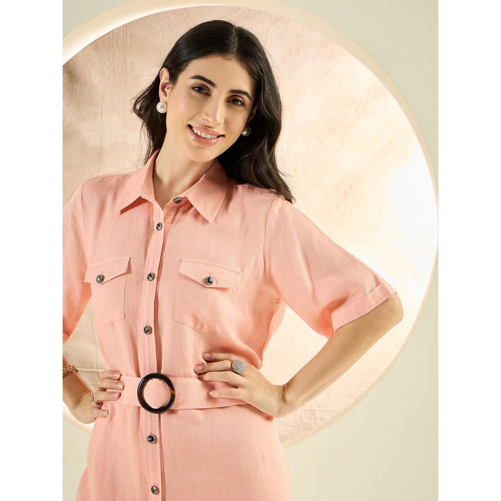 First Resort by Ramola Bachchan Blush Peach Mid-Length Linen Shirt Dress (Set of 2)