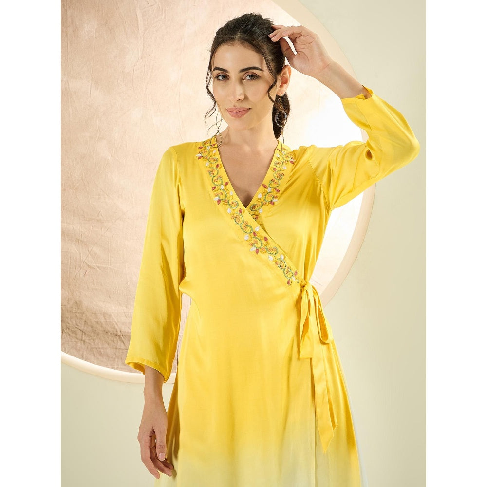 First Resort by Ramola Bachchan Sunflower Yellow Ombre Hand Embroidered Wrap Satin Dress