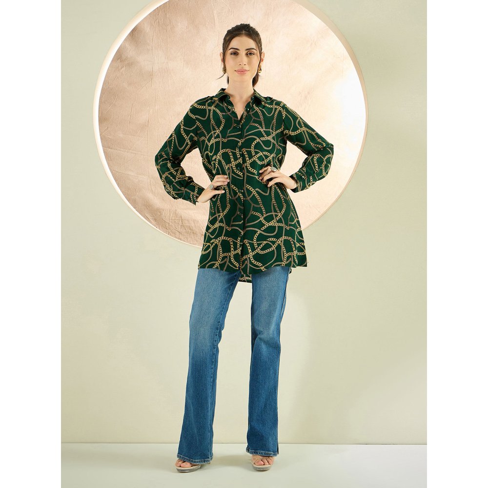 First Resort by Ramola Bachchan Forest Green Chain Print Shirt