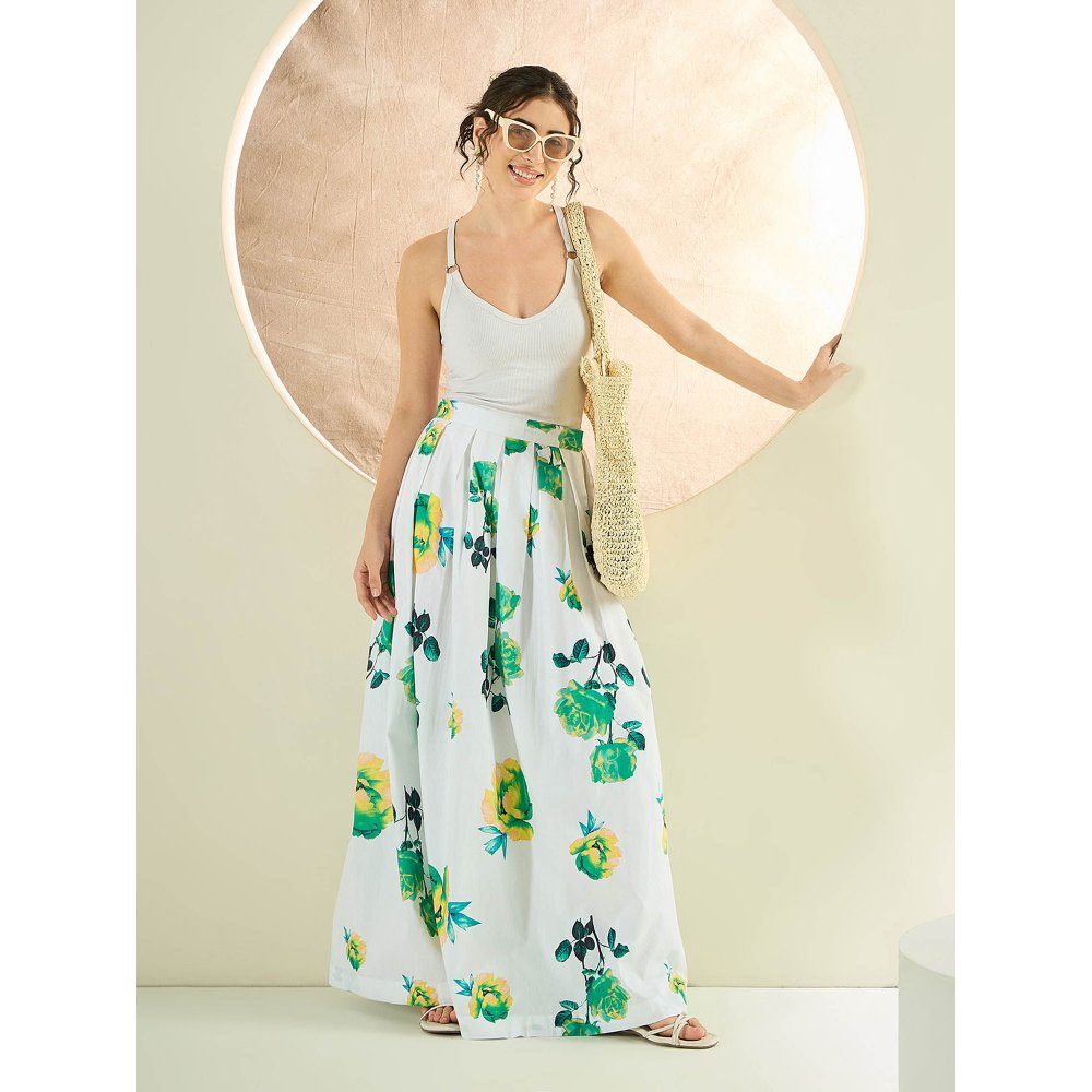 First Resort by Ramola Bachchan White And Green Floral Long Skirt