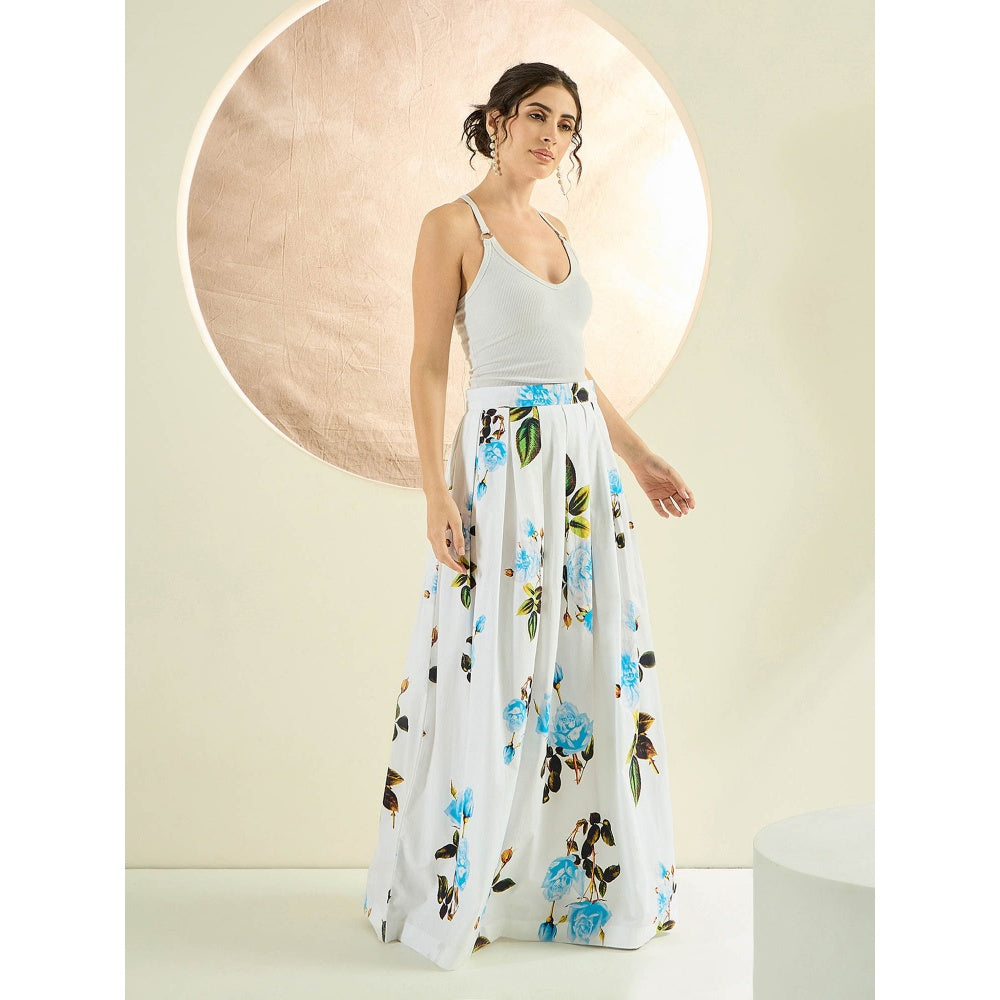 First Resort by Ramola Bachchan White And Light Blue Floral Long Skirt