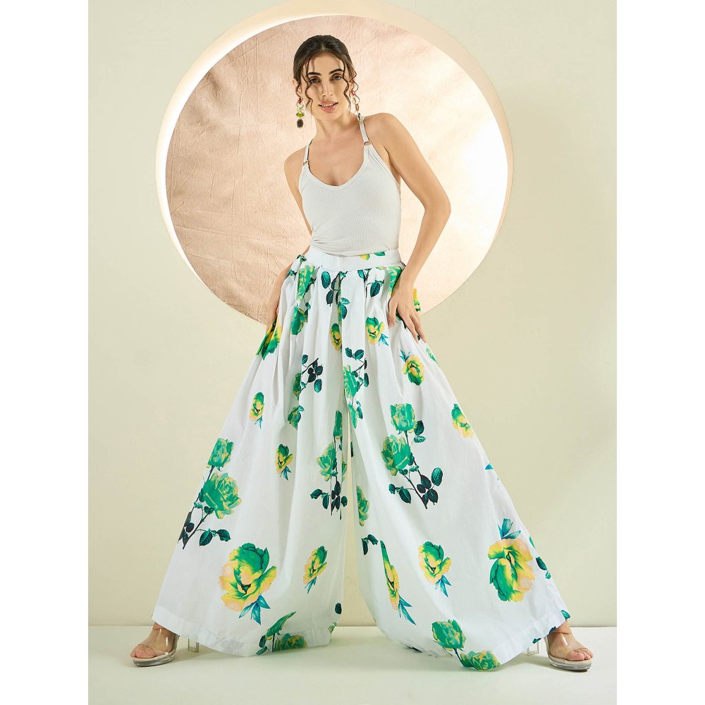 First Resort by Ramola Bachchan White And Green Floral Wide Leg Palazzo