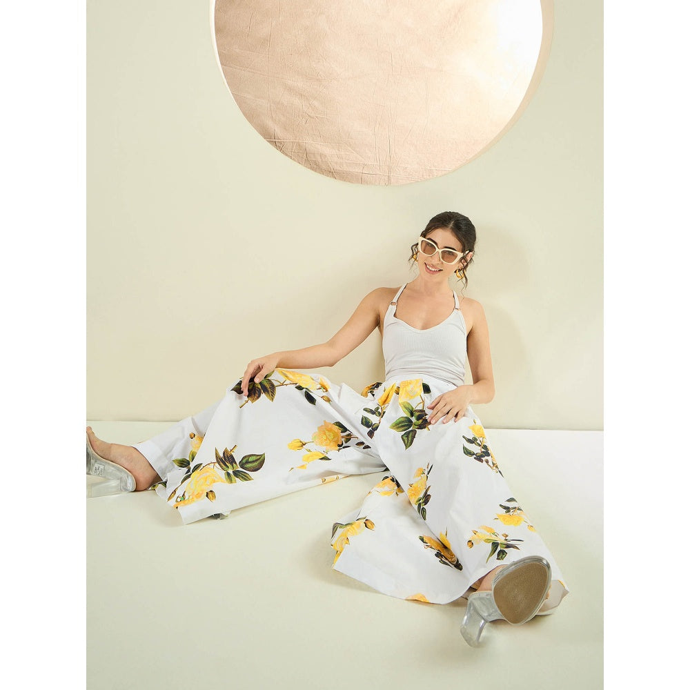 First Resort by Ramola Bachchan White And Yellow Floral Wide Leg Palazzo