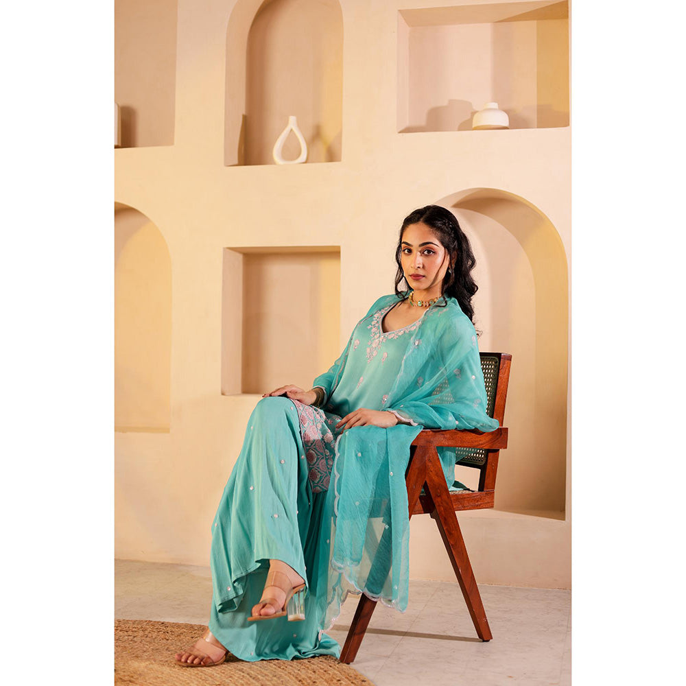 Firann By Shaheen Turquoise Short Kurta with Sharara and Dupatta (Set of 3)