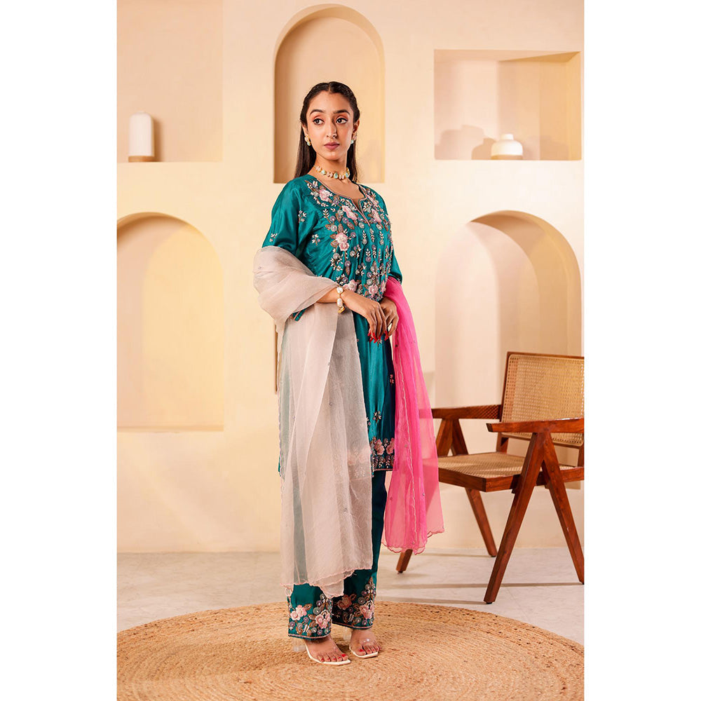 Firann By Shaheen Teal Short Kurta and Palazzo and Dupatta (Set of 3)