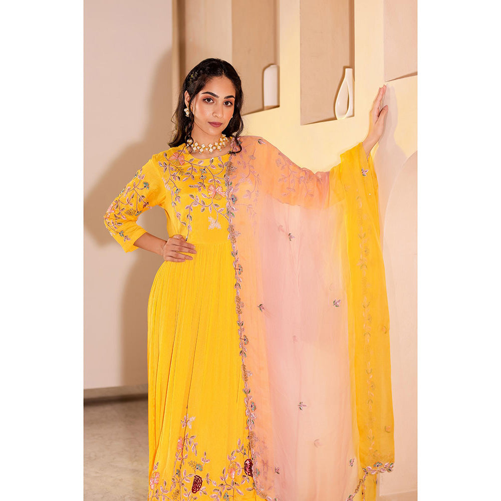 Firann By Shaheen Yellow Anarkali with Churidar and Dupatta (Set of 3)