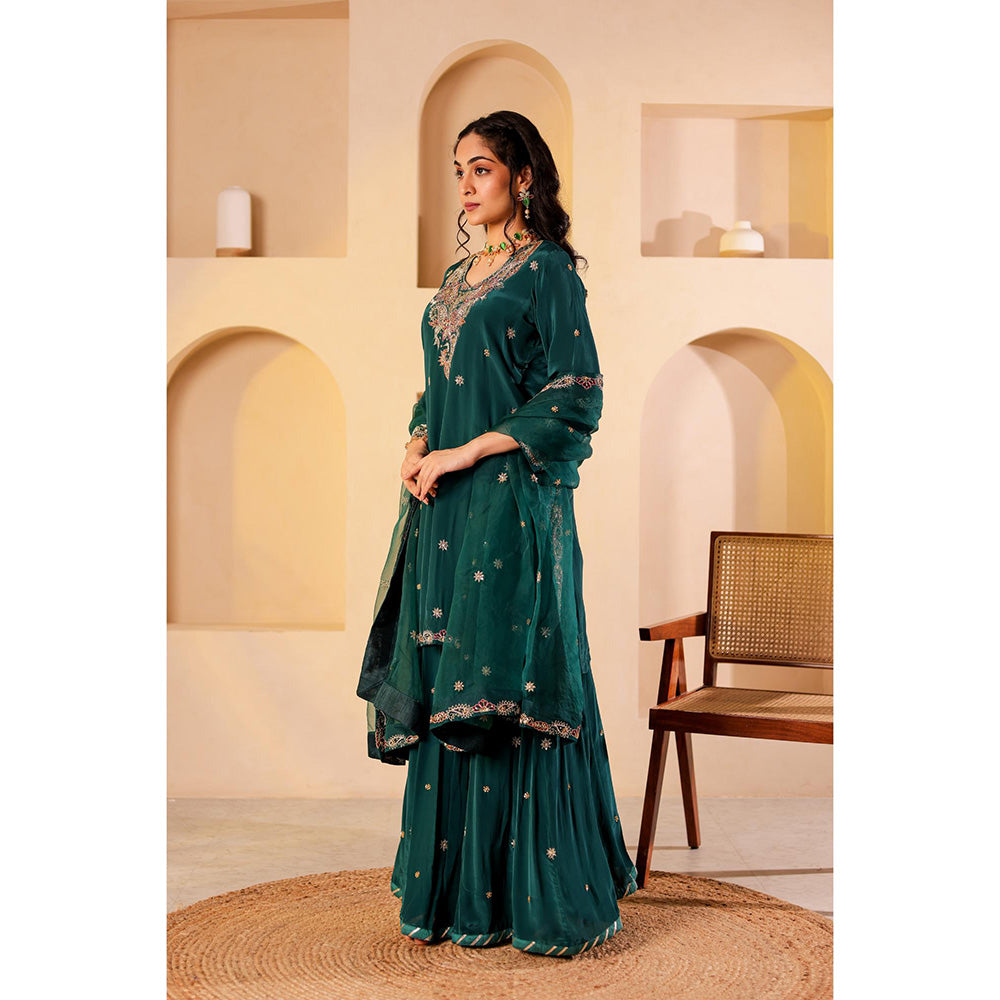 Firann By Shaheen Green Short Kurta with Palazzo and Dupatta (Set of 3)