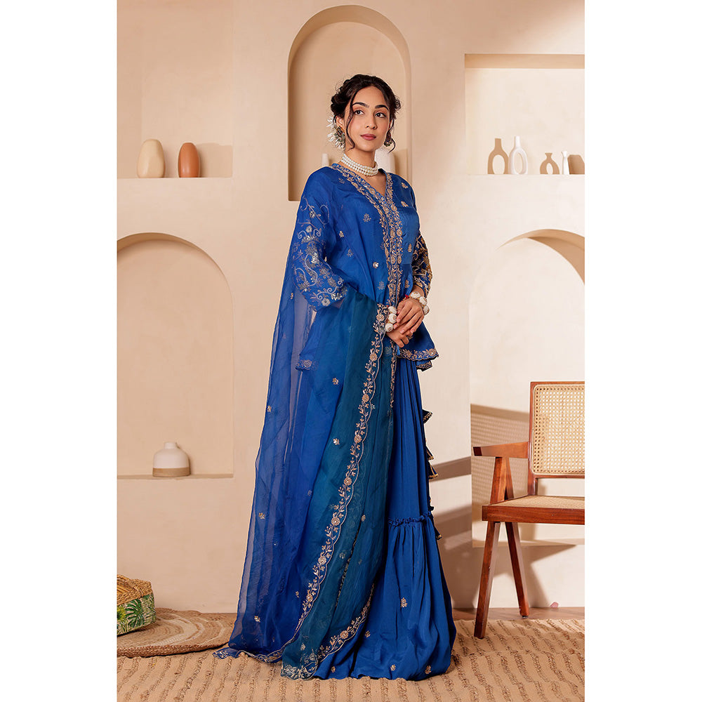 Firann By Shaheen Blue Lehenga with Peplum Top and Dupatta (Set of 3)