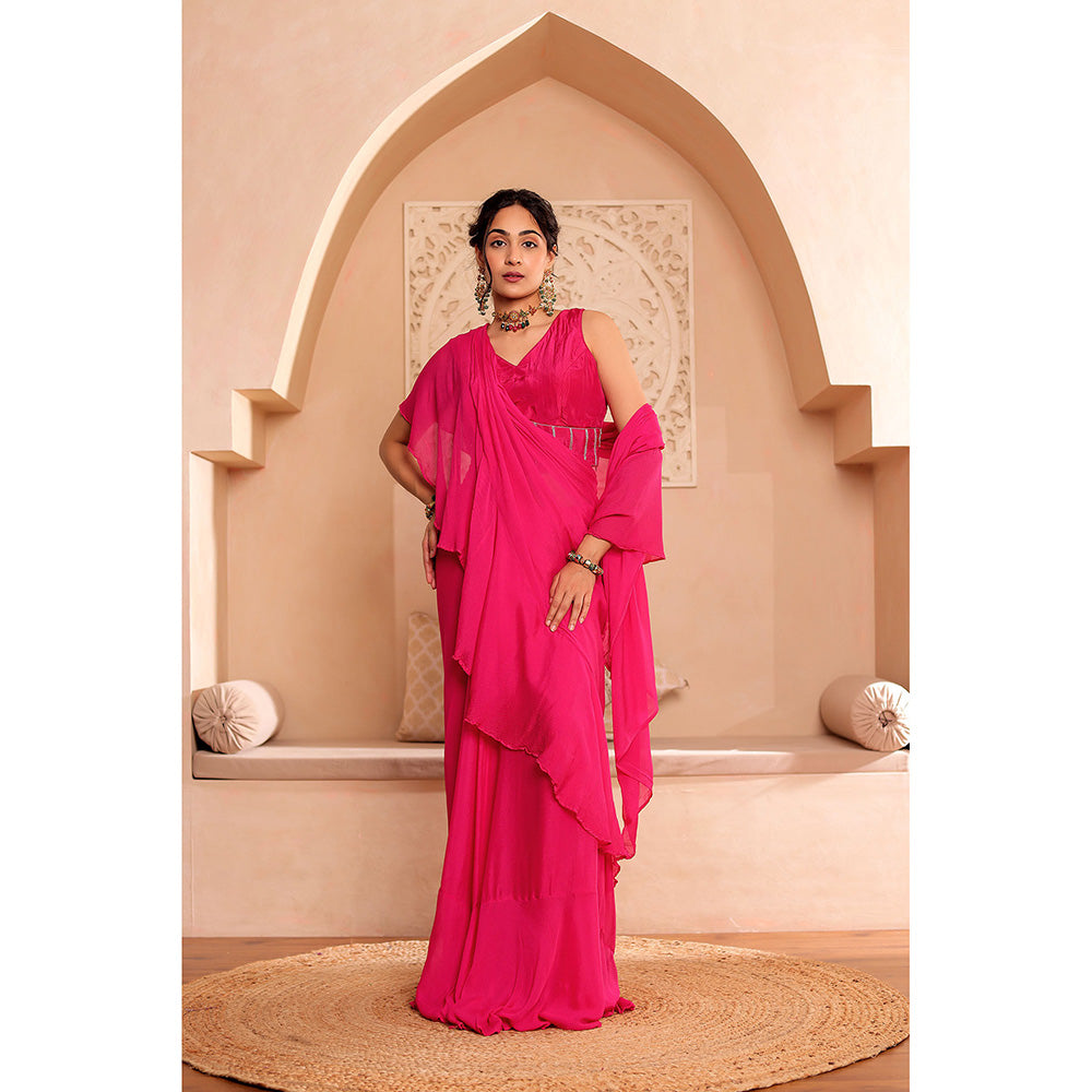 Firann By Shaheen Pink Pre-Draped Saree with Stitched Blouse and Cape