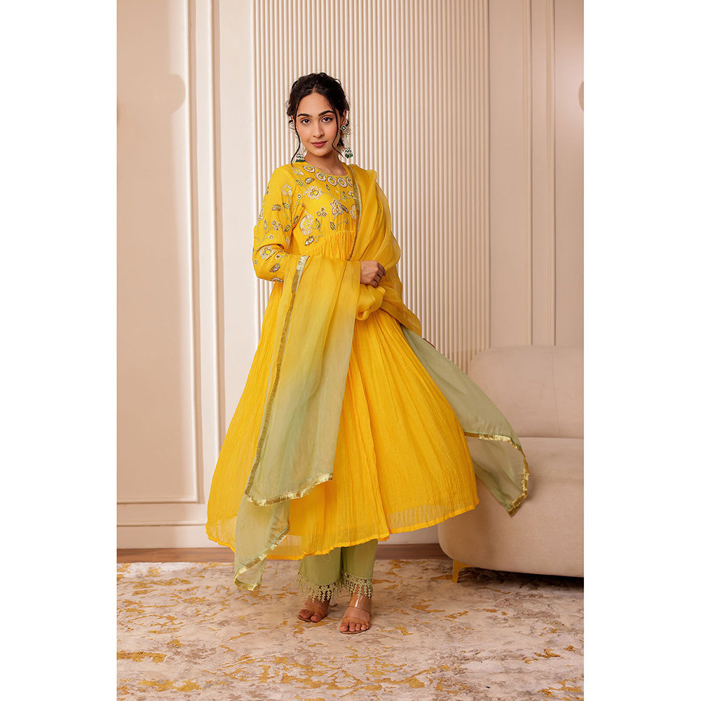 Firann By Shaheen Yellow Anarkali with Palazzo and Dupatta (Set of 3)