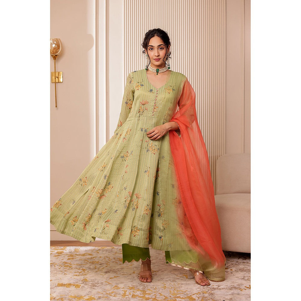 Firann By Shaheen Green Anarkali with Pant and Dupatta (Set of 3)