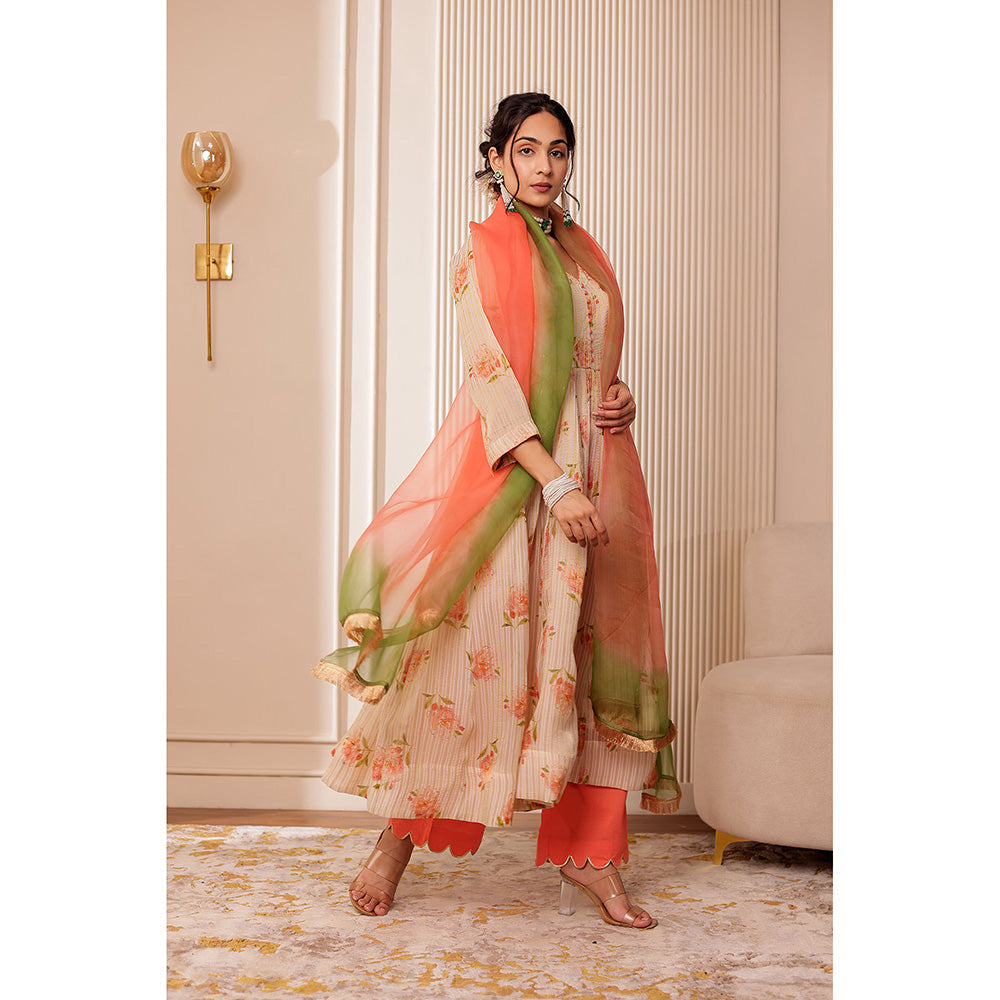 Firann By Shaheen Orange Anarkali with Pant and Dupatta (Set of 3)