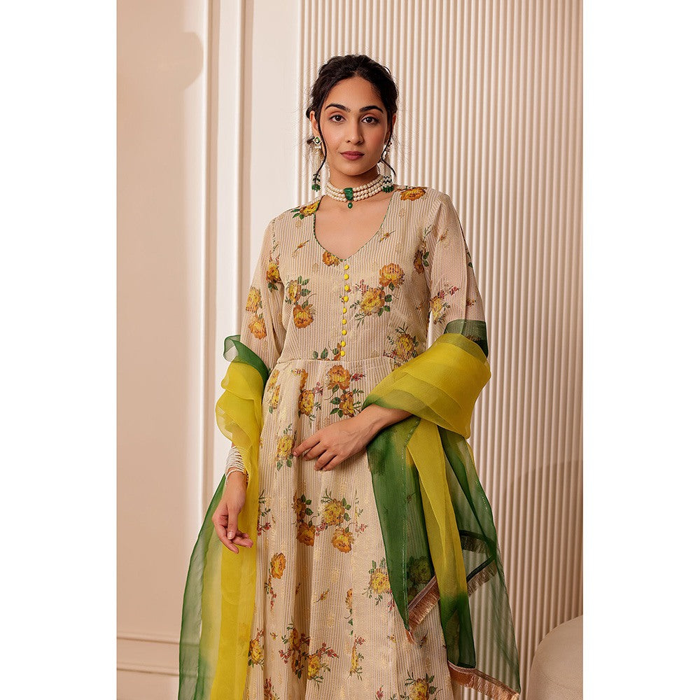 Firann By Shaheen Beige Anarkali with Pant and Dupatta (Set of 3)