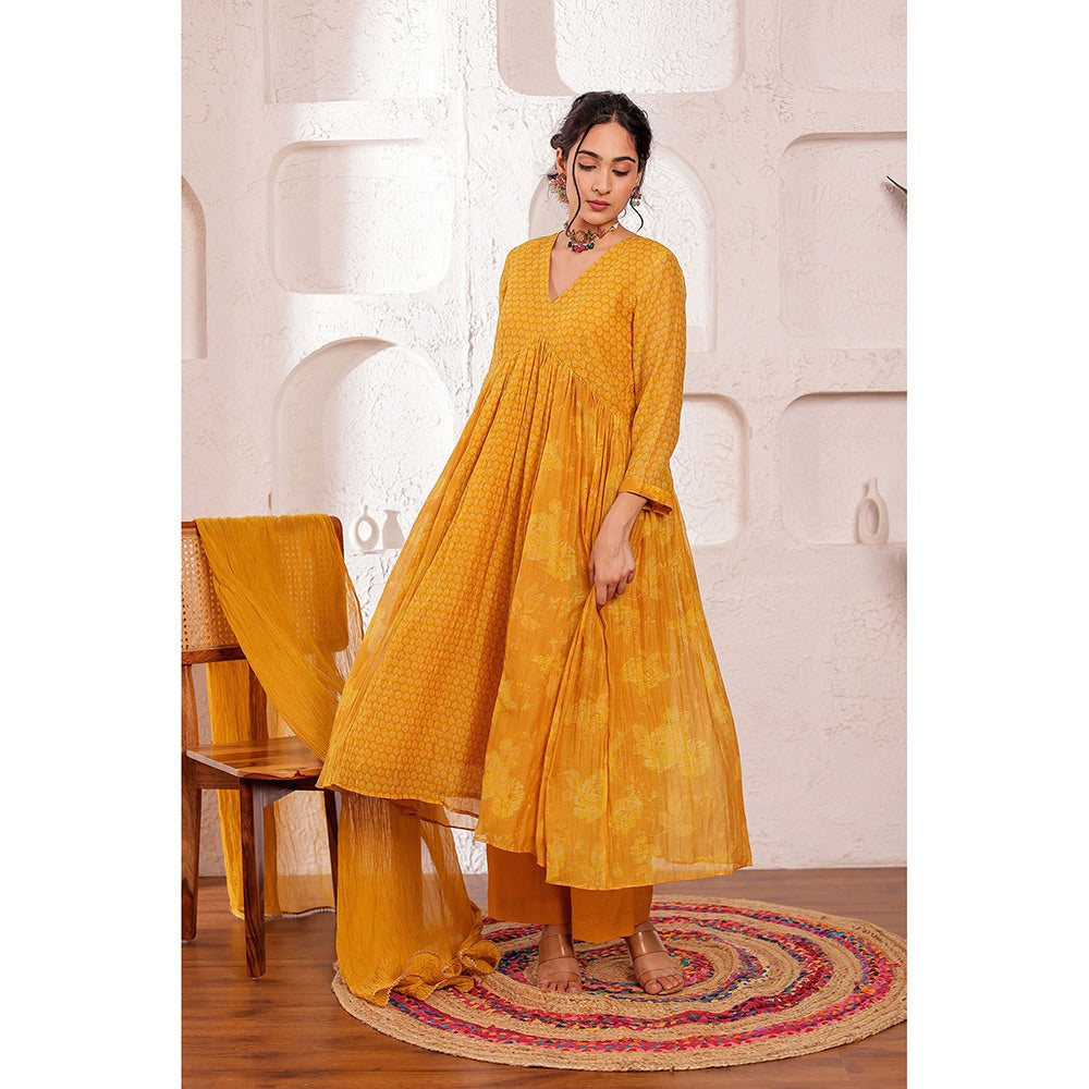 Firann By Shaheen Mustard Anarkali with Palazzo and Dupatta (Set of 3)