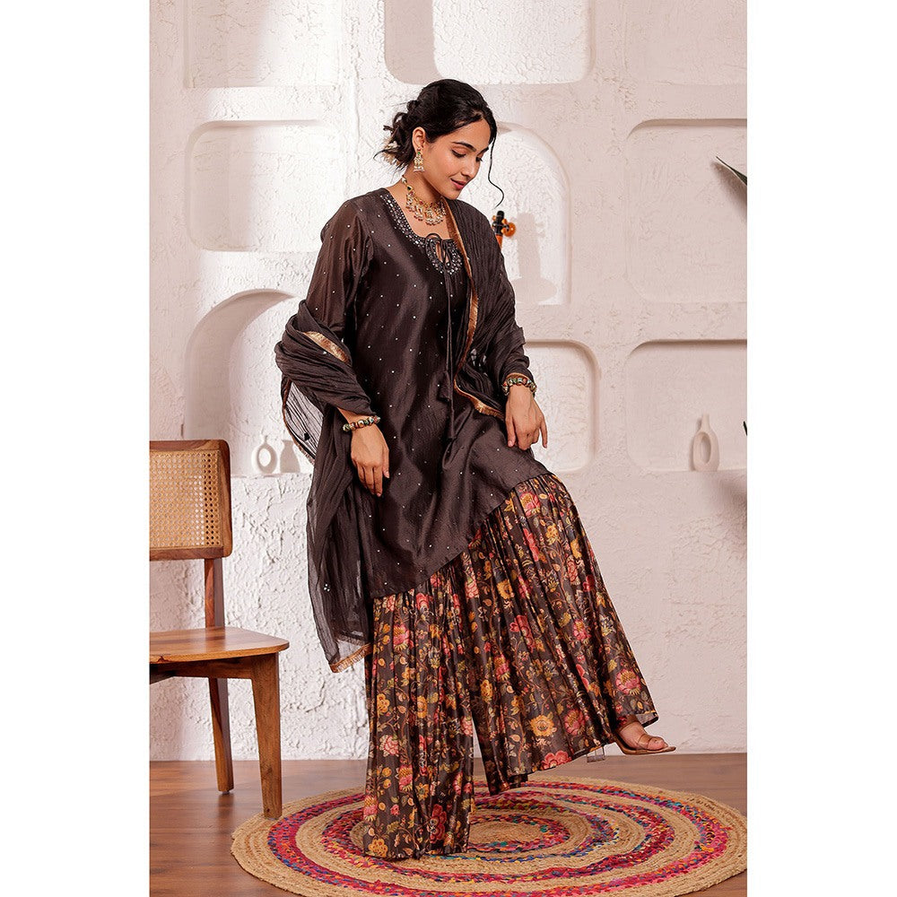 Firann By Shaheen Brown Short Kurta with Sharara and Dupatta (Set of 3)