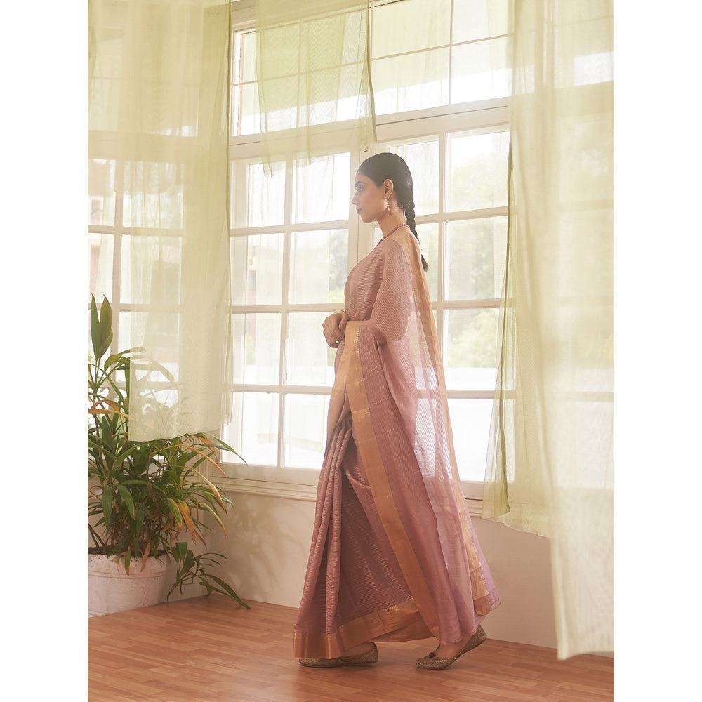 Five Point Five Mauve Zari Stripes Woven Saree with Unstitched Blouse