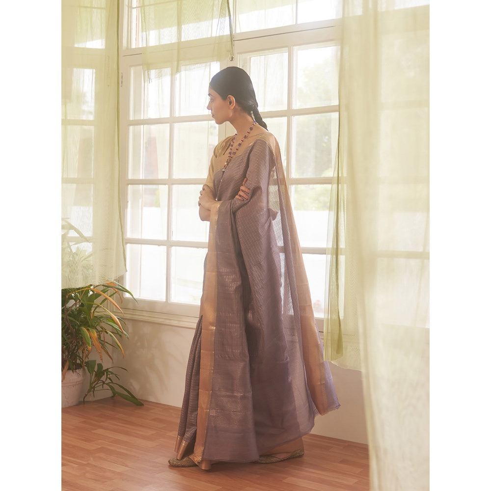 Five Point Five Purple Zari Stripes Woven Saree with Unstitched Blouse