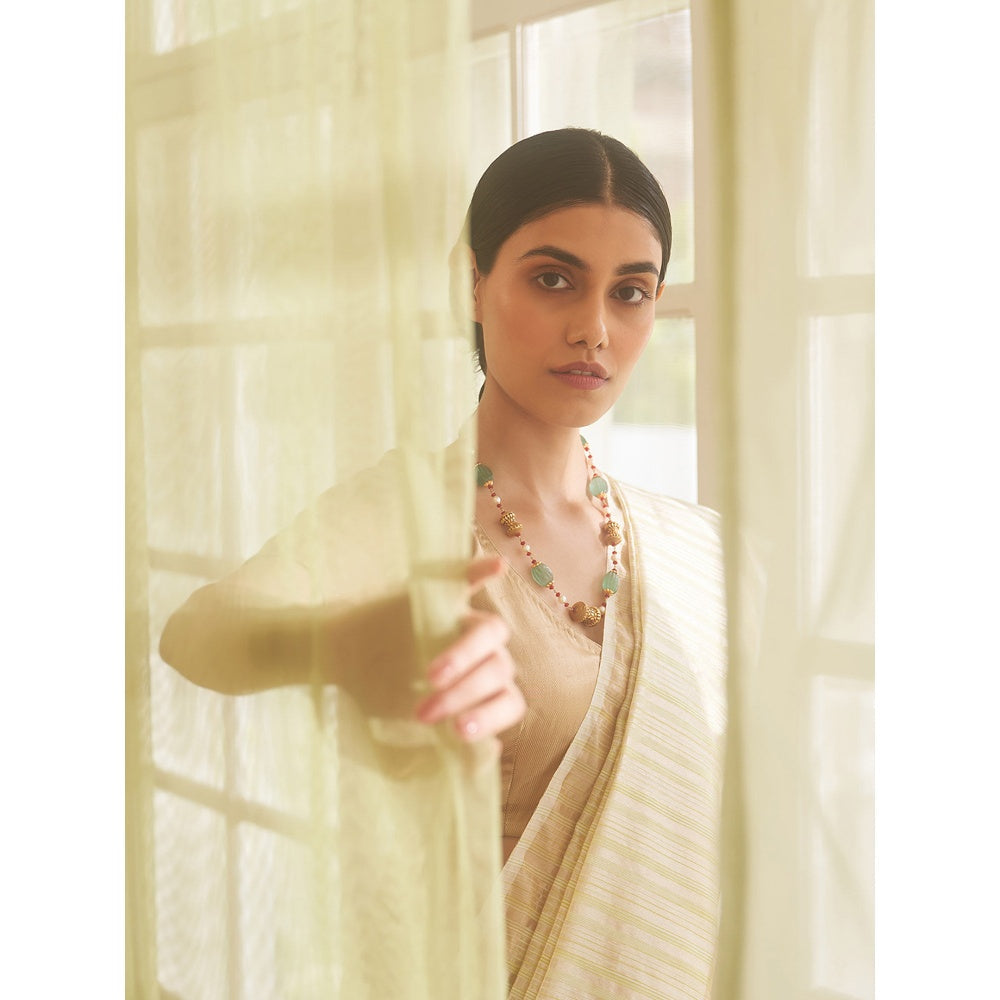 Five Point Five Asymmetric Gold Zari Stripes Woven Saree with Unstitched Blouse
