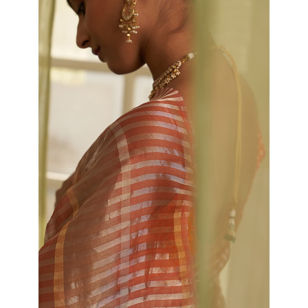 Five Point Five Multi-Colour Stripes Woven Overall Saree with Unstitched Blouse