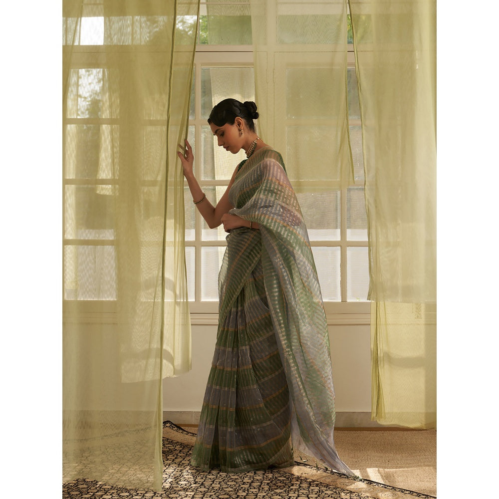 Five Point Five Green Stripes Woven Overall Saree with Unstitched Blouse