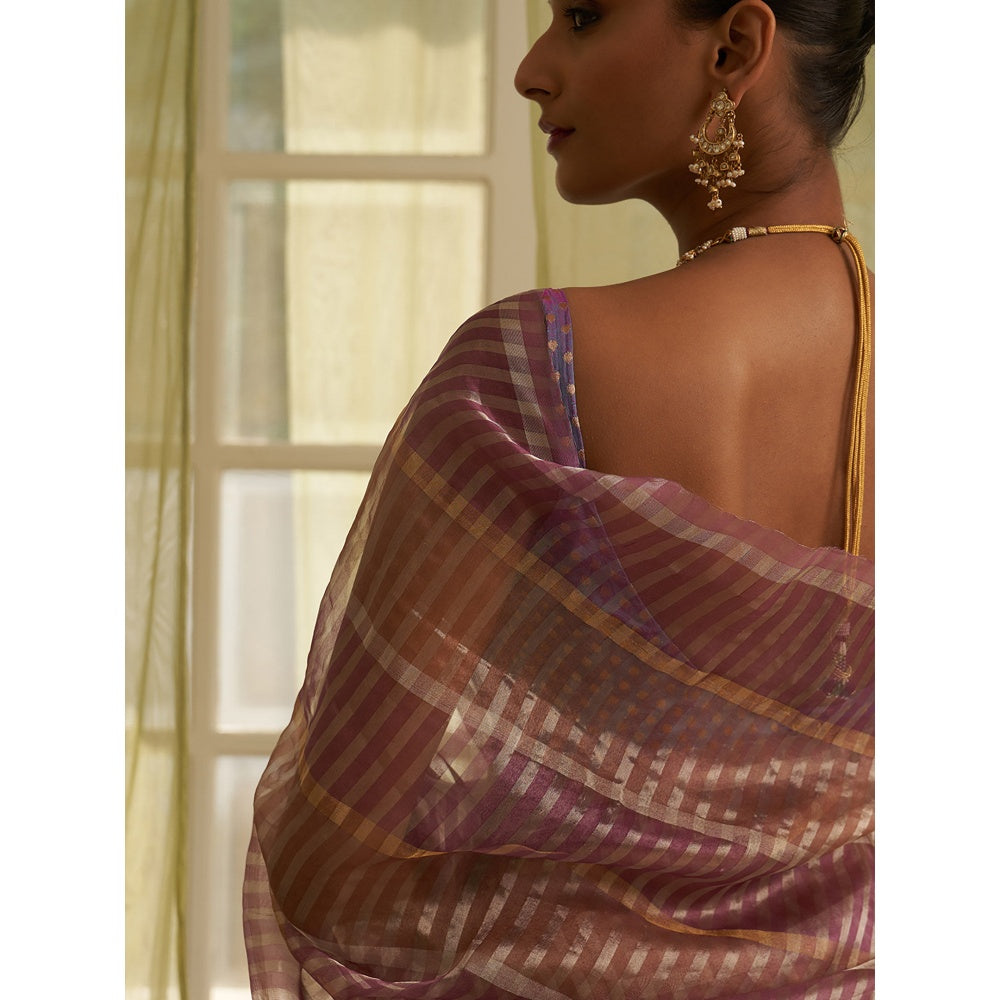 Five Point Five Purple Stripes Woven Overall Saree with Unstitched Blouse