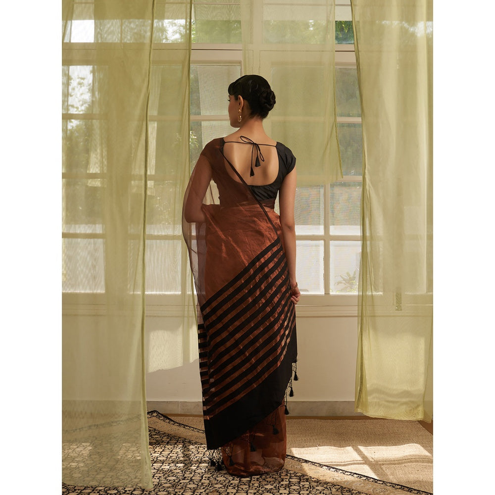 Five Point Five Rust Stripes Of Chanderi Cotton Woven Saree with Unstitched Blouse